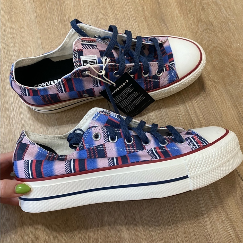 Converse Low Top Lift Checkered Patch Red White Blue Sneakers